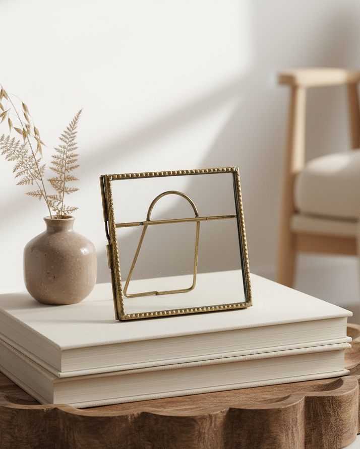 Decorative setting with books, a vase, and a small frame on a wooden tray in a softly blurred room.