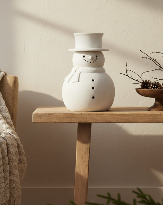 White ceramic snowman on a wooden table with a neutral background