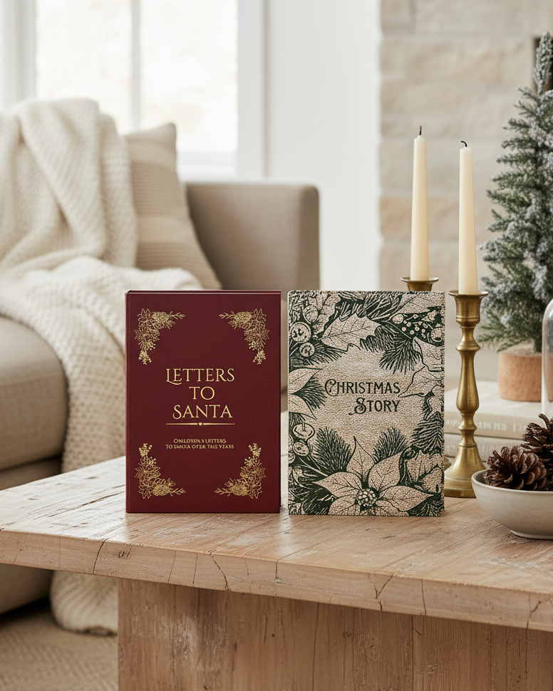 Two books titled 'Letters to Santa' and 'Christmas Story' on a wooden table with decorative items in a cozy living room.
