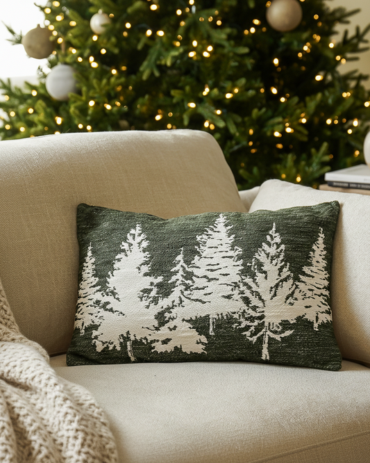 Decorative pillow with tree pattern on a couch in front of a Christmas tree.