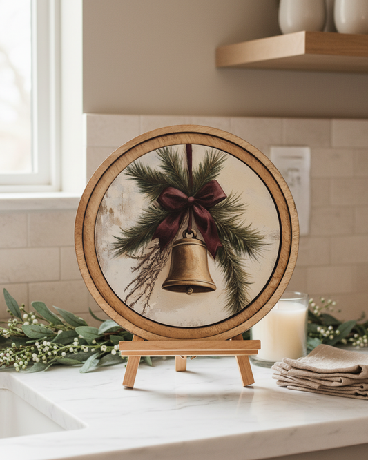 Decorative plate with a bell and greenery on a stand in a kitchen setting