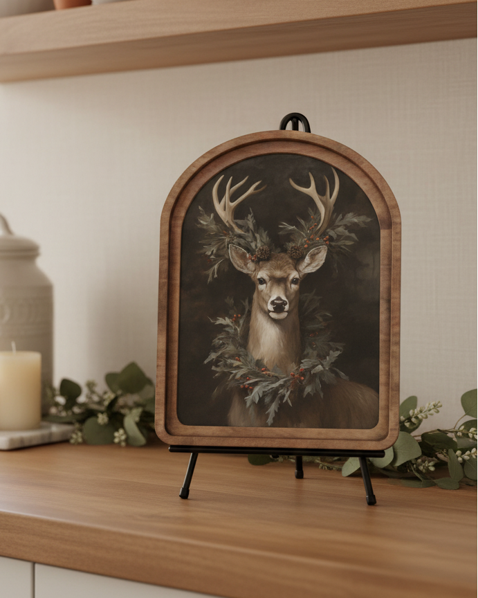Decorative plaque with a deer design on a wooden shelf with candles and plants.