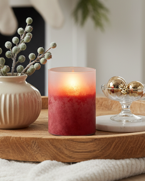 Decorative tray with a candle, vase, and small plant on a surface with a festive background.