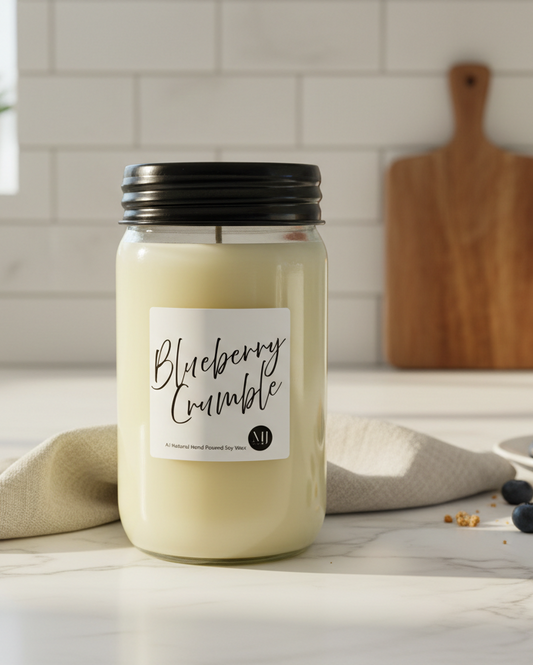 Jar of 'Blueberry Crumble' candle on a kitchen counter with a label.